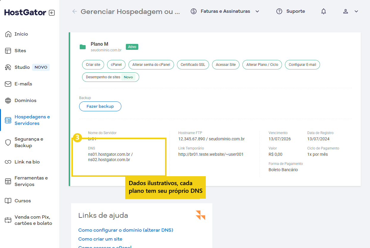 Configuração de hospedagem e DNS no painel do HostGator mostrando planos, servidor, e detalhes de DNS