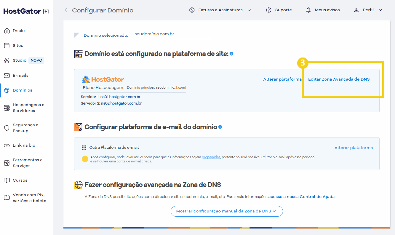 Imagem da configuração de domínio no painel do HostGator, mostrando opções para editar a zona avançada de DNS e configurar o domínio na plataforma.