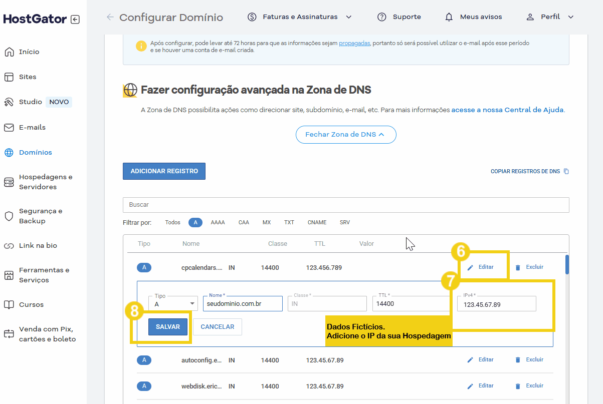 Imagem ilustrativa de configuração avançada na zona de DNS usando plataforma HostGator, mostrando registros DNS, edição de IP e proteção de dados com informações fictícias