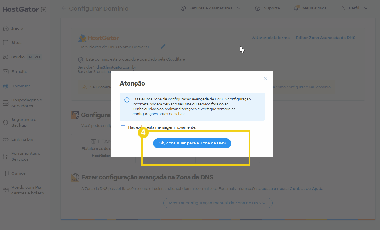 Imagem mostrando a configuração de uma zona avançada de DNS no painel do HostGator, com passo a passo para continuar a configuração do DNS do domínio.