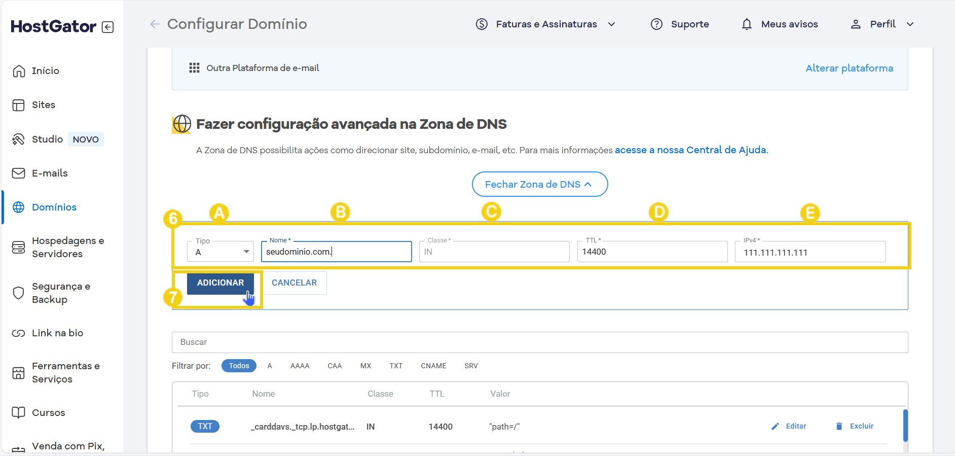 Imagem de configuração avançada na Zona de DNS de um painel de controle, mostrando campos para adicionar registros DNS, incluindo nome, TTL e endereço IP, essencial para gerenciar o domínio e otimizar a configuração DNS. 