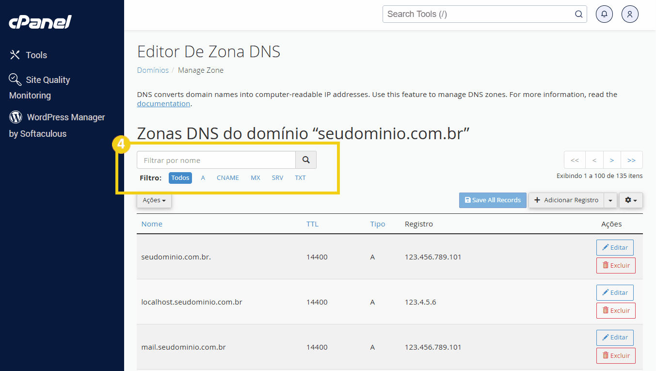 Imagem da interface do cPanel mostrando a opção de gerenciamento de domínio para um site, com destaque para o botão 'Gerenciar'.