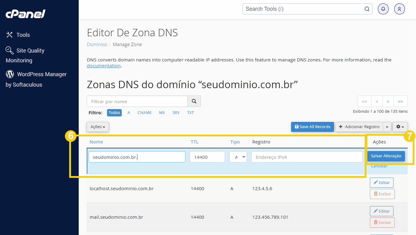 Tela de gerenciamento de zonas DNS no painel de controle do cPanel, mostrando a edição e salvamento de registros DNS para um domínio