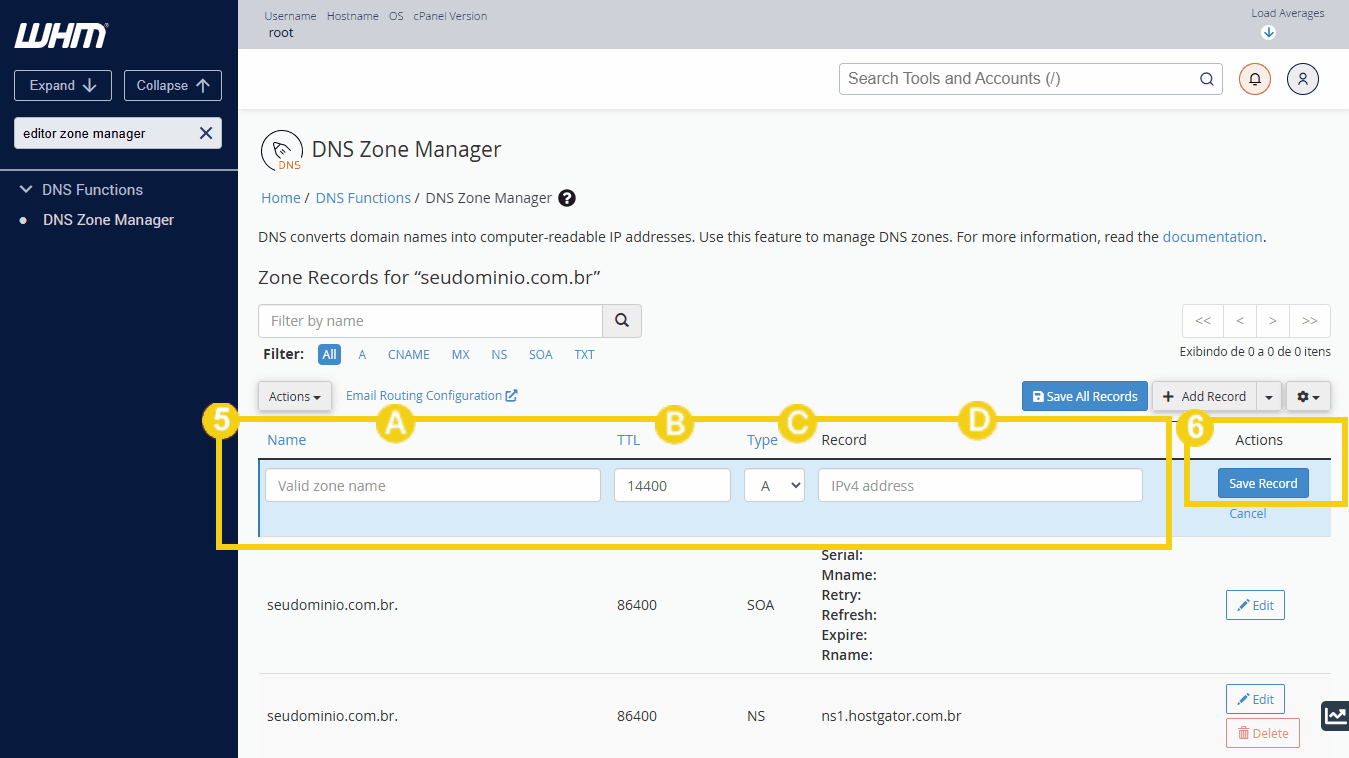  Imagem mostrando o gerenciamento de zonas DNS em painel WHM, destacando a configuração e salvamento das regras de DNS