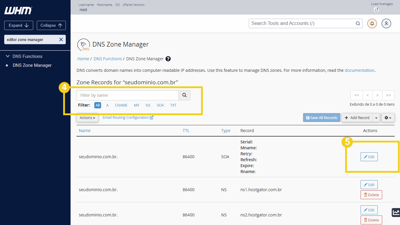 Captura de tela do painel de gerenciamento de DNS da WHM mostrando registros de zona para o domínio, incluindo opções para editar registros.
