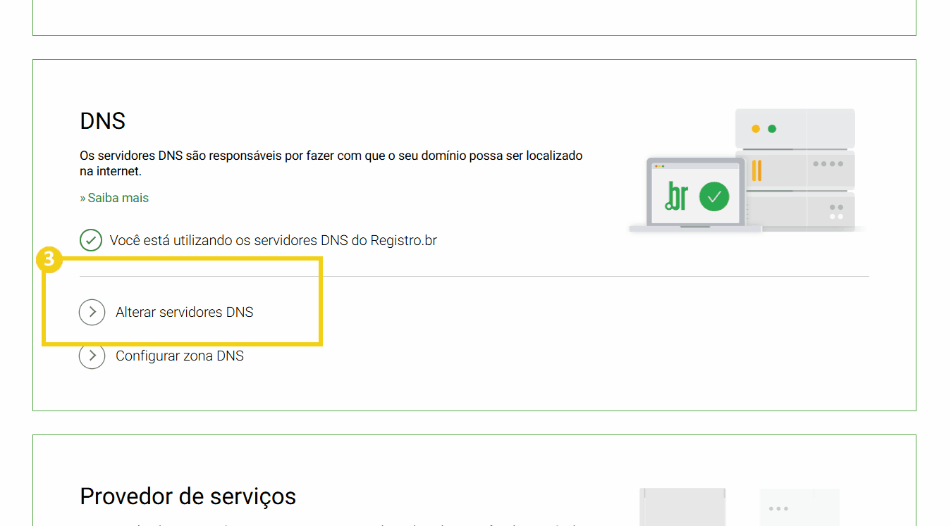 Configuração de servidores DNS no painel do Registro.br, destacando a opção “Alterar servidores DNS” com foco na gestão de DNS.