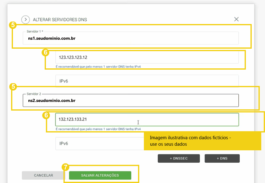 Imagem ilustrativa de configuração de servidores DNS com dados fictícios, mostrando a troca de endereços de servidores DNS primários e secundários em painel de controle. Ideal para quem busca otimizar configurações DNS e melhorar a segurança e desempenho de redes.