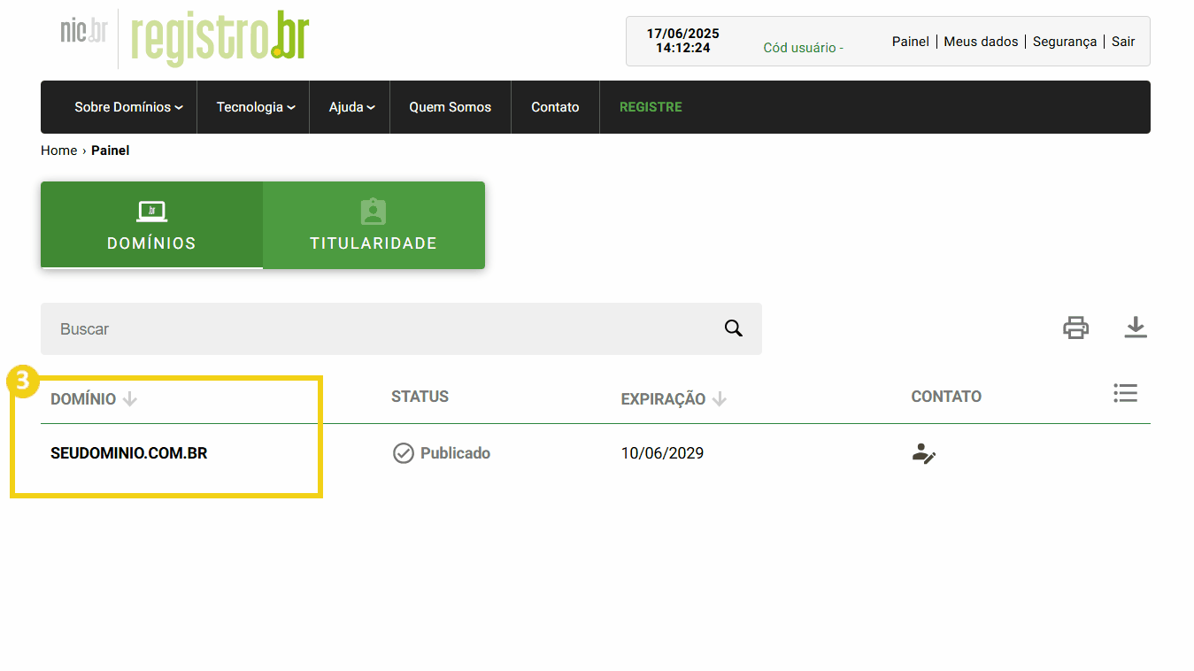 Tela de painel de controle do site Registro.br mostrando domínio  e detalhes de status e expiração