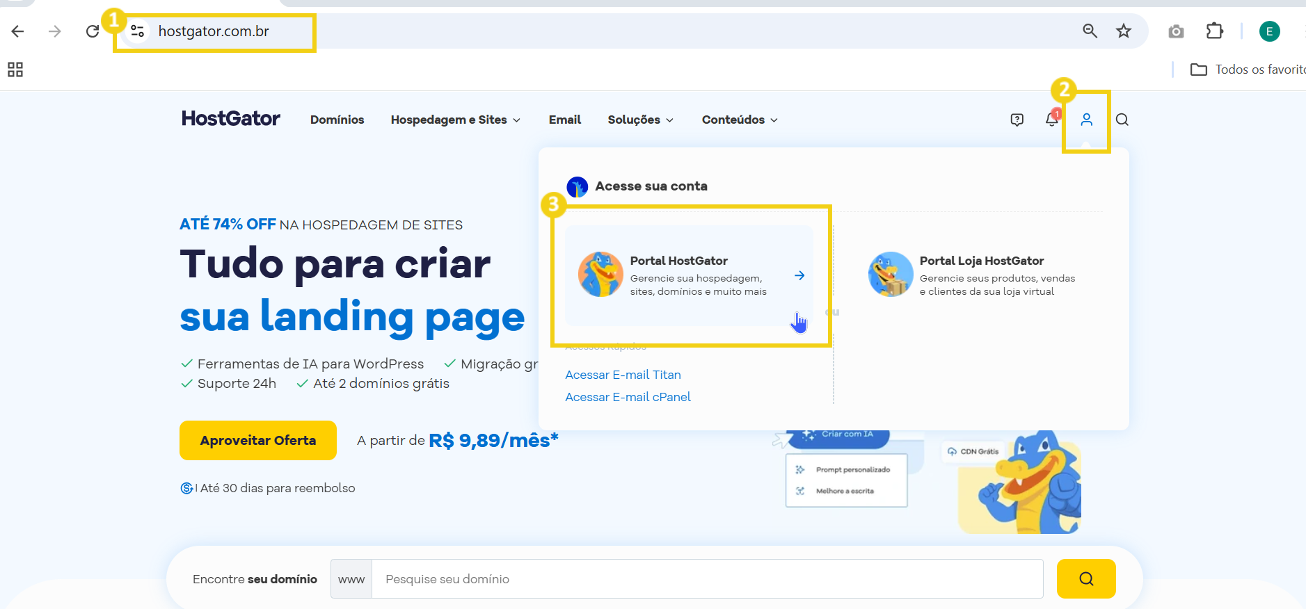 Imagem da página inicial do HostGator com foco no produto de criação de landing pages, destaque para o botão de login e opções de suporte ao cliente, ideal para quem busca serviços de hospedagem e domínio.