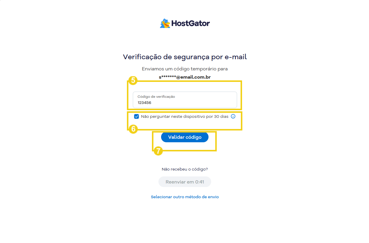 Imagem da tela de verificação de segurança por e-mail do HostGator, exibindo o campo de código, botão de validar e opções de reenvio.