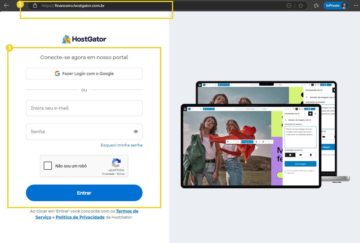 Imagem do site hostgator mostrando tela de login e exemplos de páginas de hospedagem, com destaque para o domínio financeiro.hostgator.com.br, relacionado a serviços de hospedagem de sites.