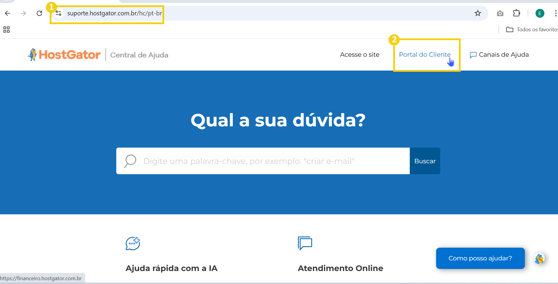 Imagem do site de suporte ao cliente do HostGator, com uma busca por dúvidas e opções de ajuda rápida com IA e atendimento online.
