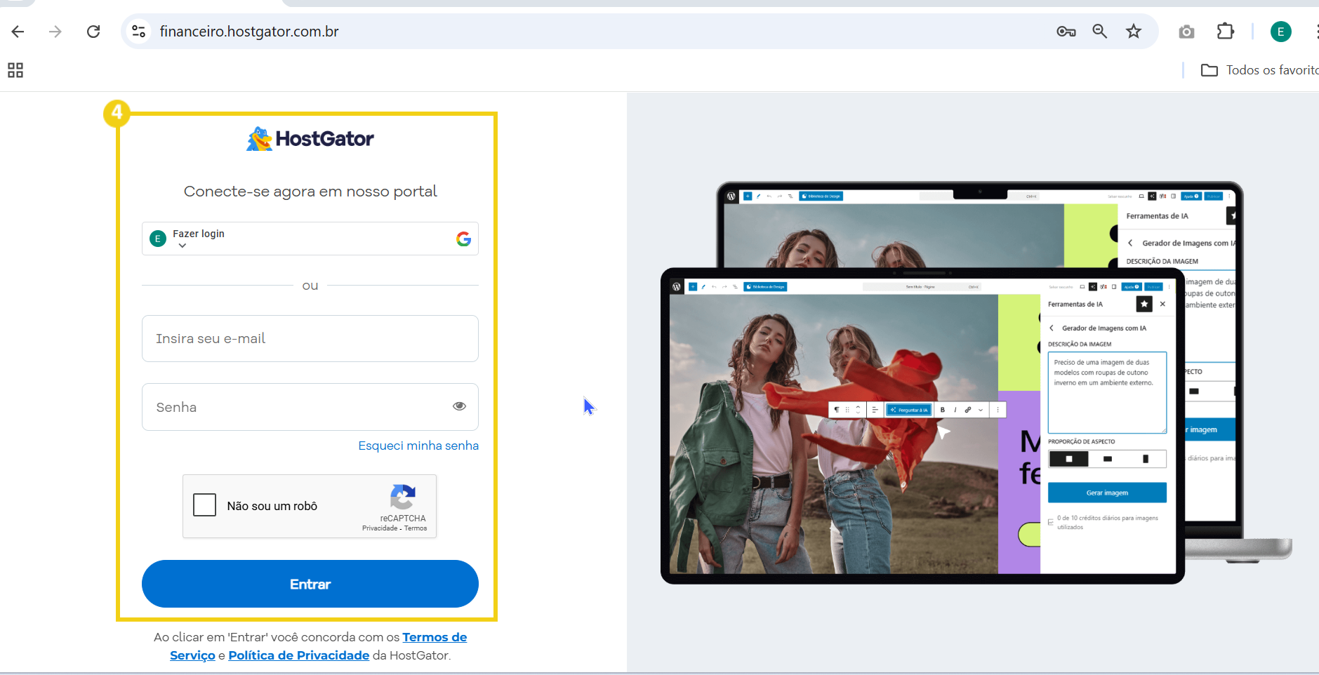 tela de login do Portal do cliente, promovendo o uso de plataformas de hospedagem de sites como HostGator.