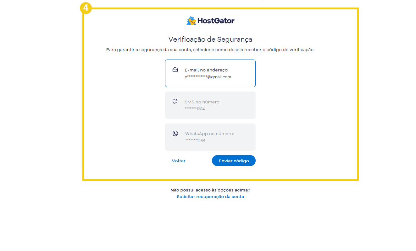Tela de verificação de segurança da HostGator mostrando opções de email, SMS e WhatsApp para receber o código de verificação do usuário.