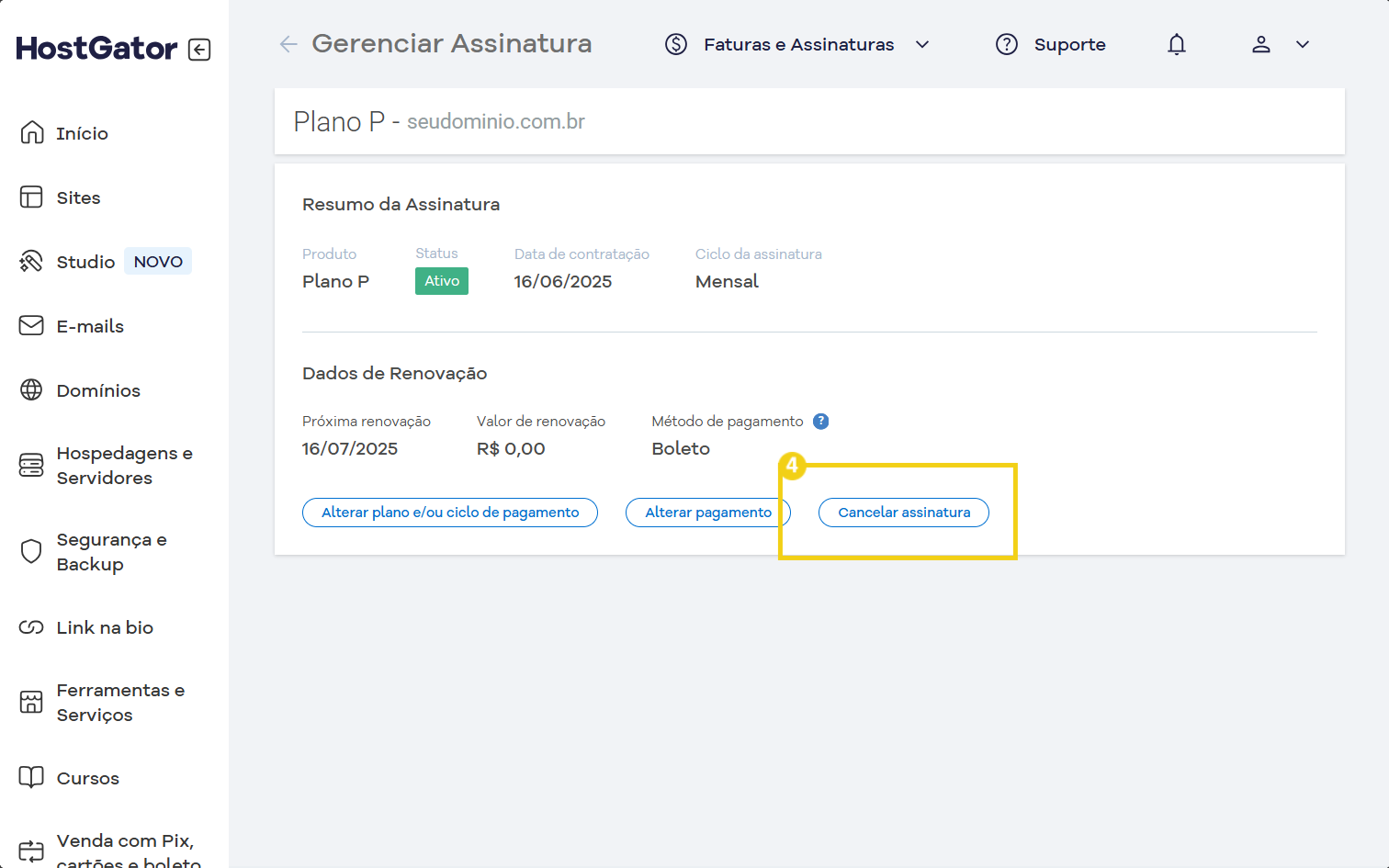 Imagem da interface de gerenciamento de assinatura no painel do HostGator mostrando opções de renovar, alterar pagamento e cancelar assinatura do plano
