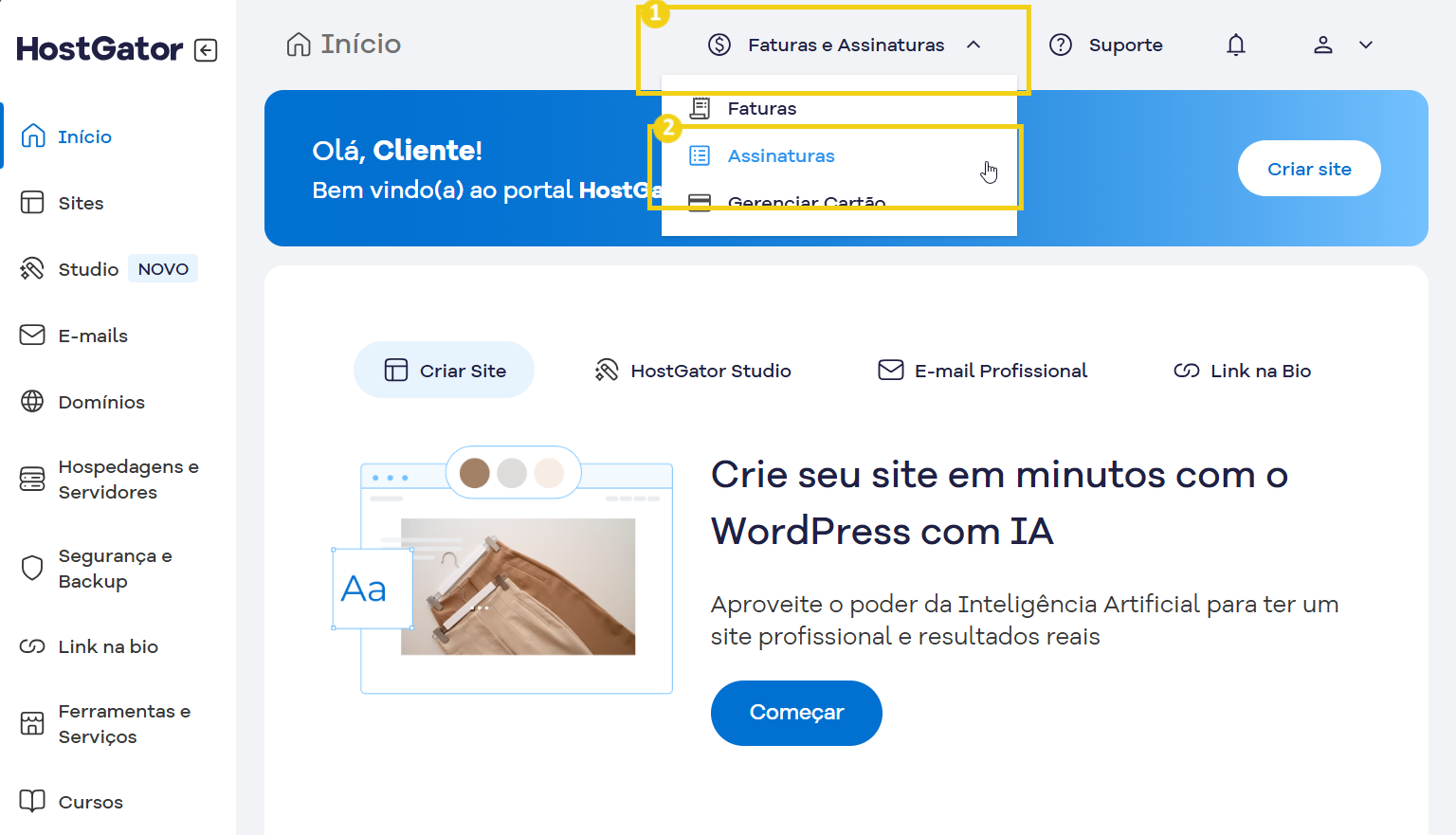 Captura de tela do painel de controle do HostGator mostrando a opção de faturamento e assinatura, com destaque para a opção de criar sites com WordPress e inteligência artificial