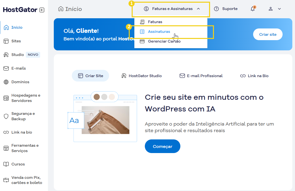 Tela do painel do HostGator mostrando opções de faturamento e assinatura no portal, com destaque para o menu de faturação e assinaturas