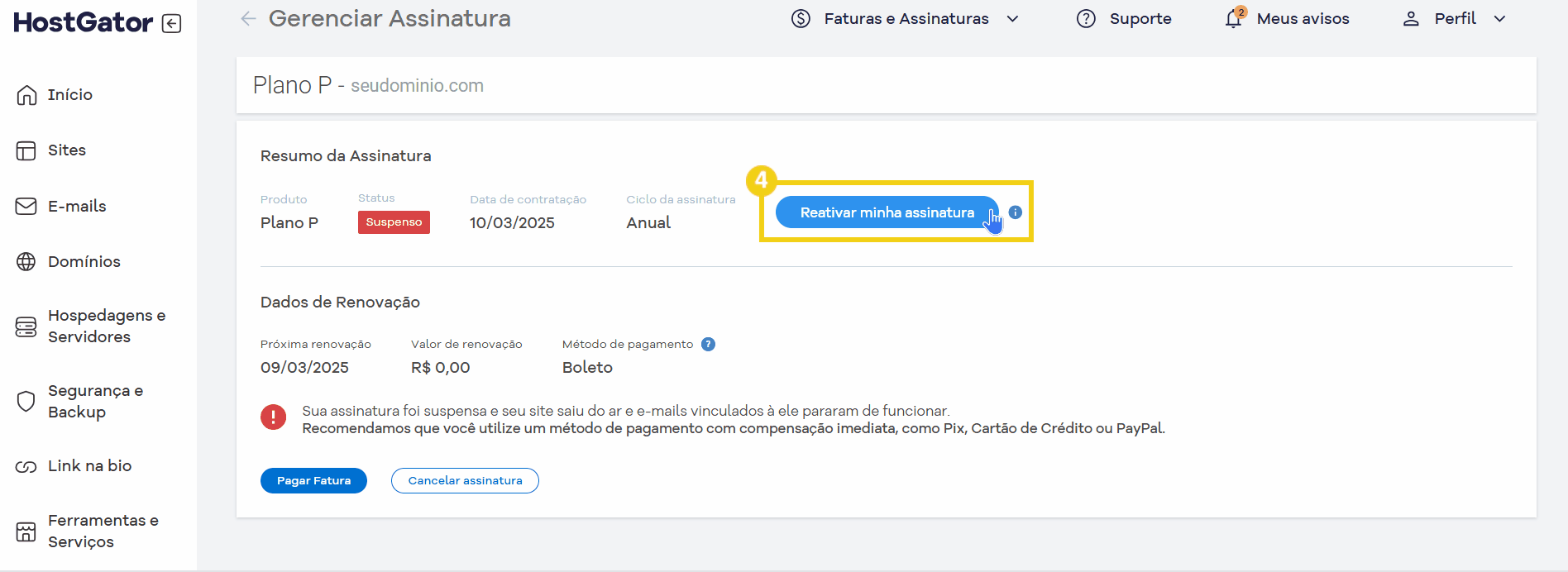 Imagem de tela de gerenciamento de assinatura no HostGator, mostrando a opção de renovar assinatura de plano com botão Reativar minha assinatura