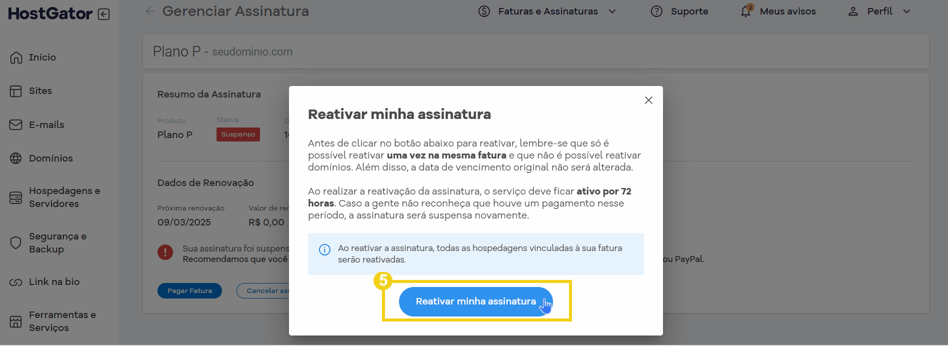 Imagem mostrando a reativação de uma assinatura no painel de gerenciamento de assinaturas, com destaque para o botão “Reativar minha assinatura”