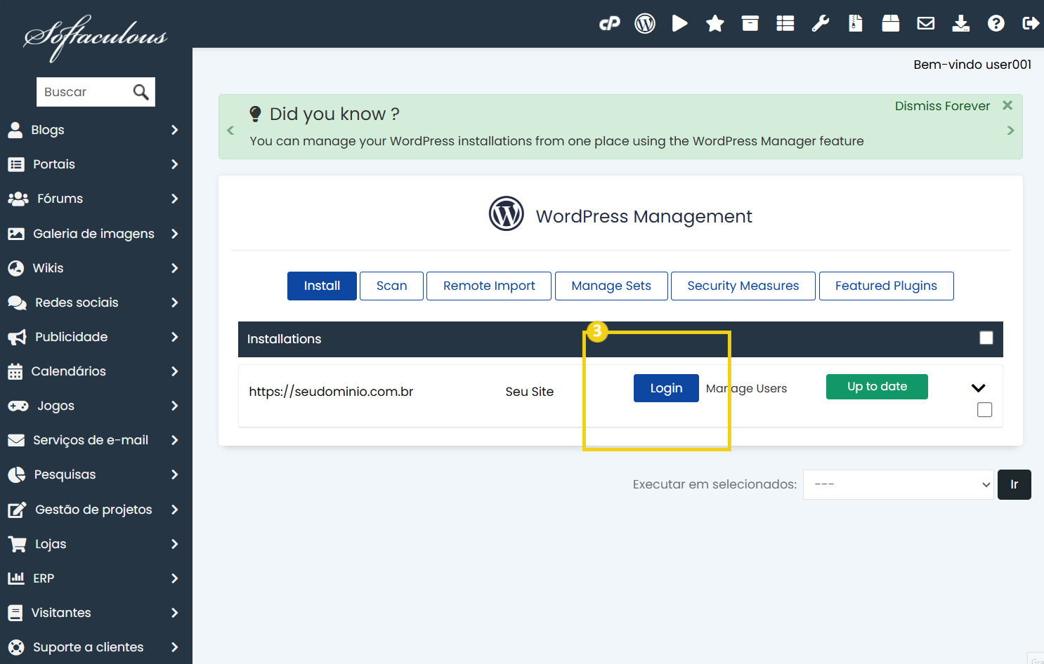 Tela de gerenciamento de WordPress com opções de login, instalação, scan e gerenciamento de configurações, destacando o botão de login no painel.