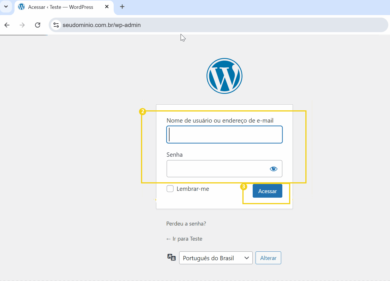 Tela de login do WordPress mostrando campos para usuário, senha e botão de acessar, com opções de idioma e lembrança de senha.