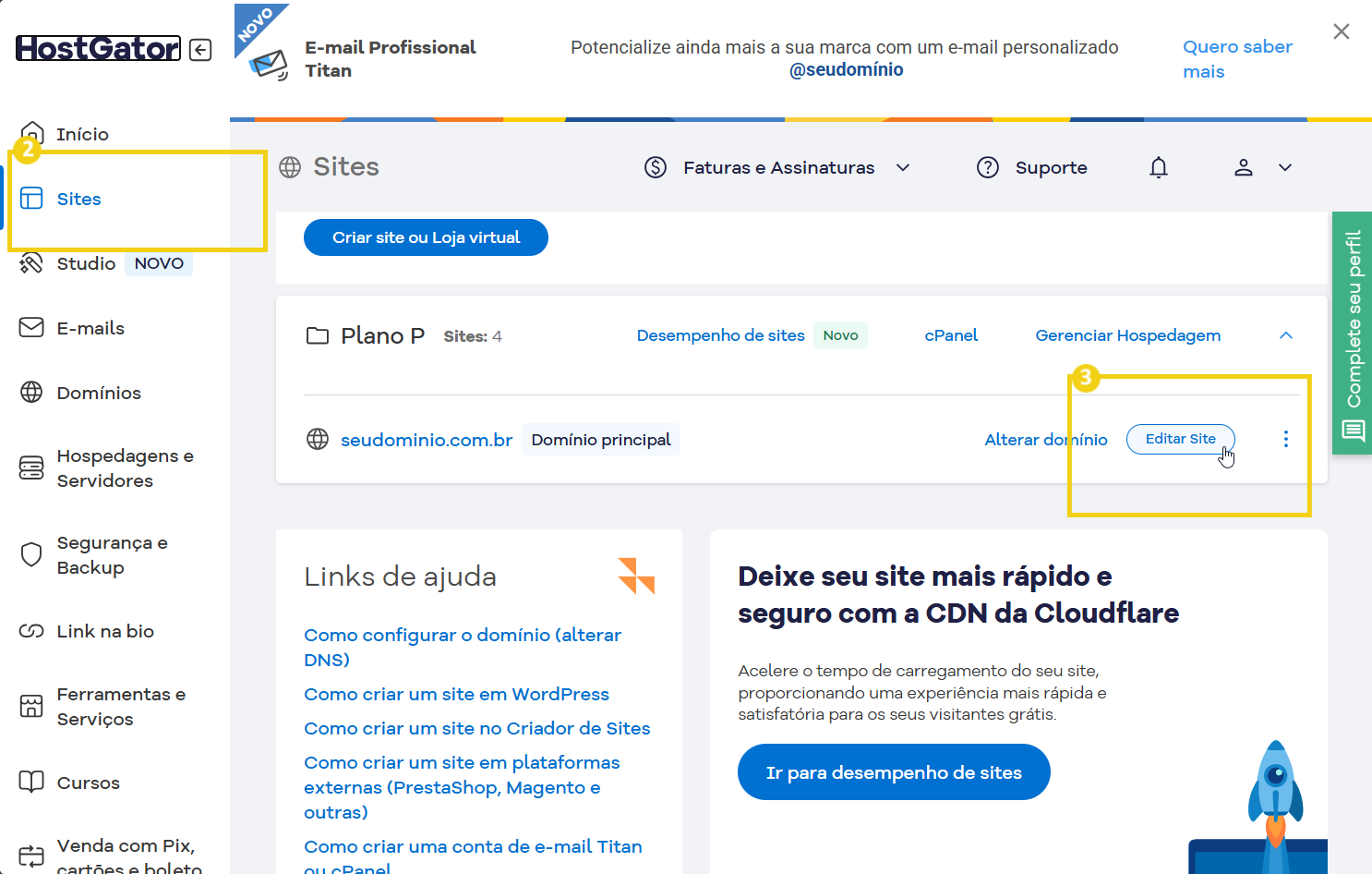 Captura de tela do painel de controle do HostGator com foco na seção de Sites, mostrando opções para editar o site e gerenciar hospedagem
