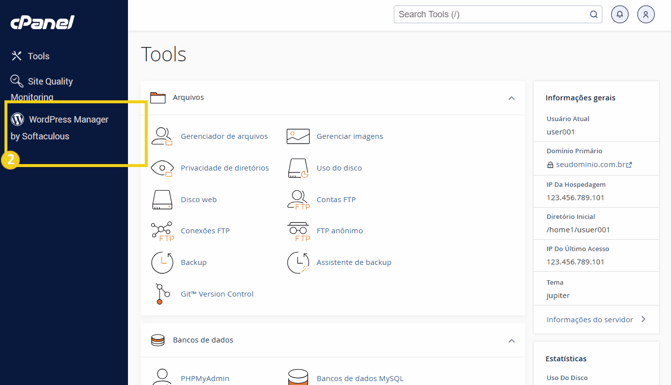 Tela do painel de controle do cPanel exibindo uma opção destacada para gerenciar o WordPress Manager por Softaculous, com várias ferramentas de gerenciamento.