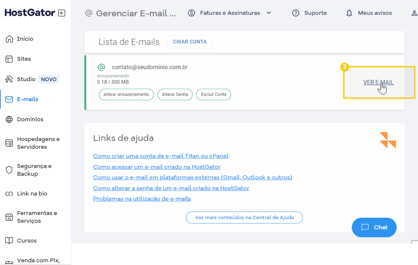 Imagem da plataforma de gestão de e-mails do HostGator, mostrando opções de gerenciamento de lista de e-mails, como criar e verificar e-mails. 