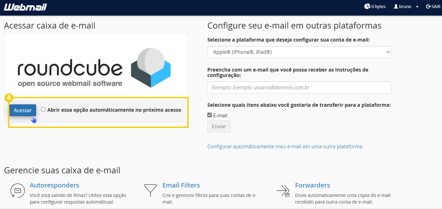 Interface de configuração de caixa de e-mail no sistema Roundcube com destaque no botão "Acessar"