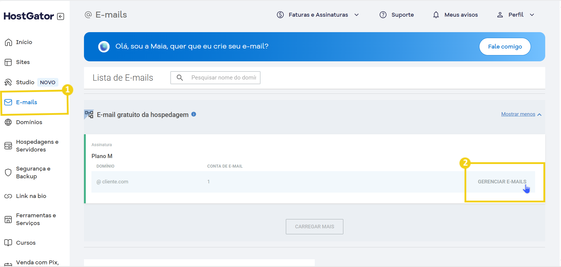Imagem da plataforma HostGator mostrando a gestão de e-mails de hospedagem gratuitos, com opção de gerenciamento de e-mails e lista de contas de e-mail. 