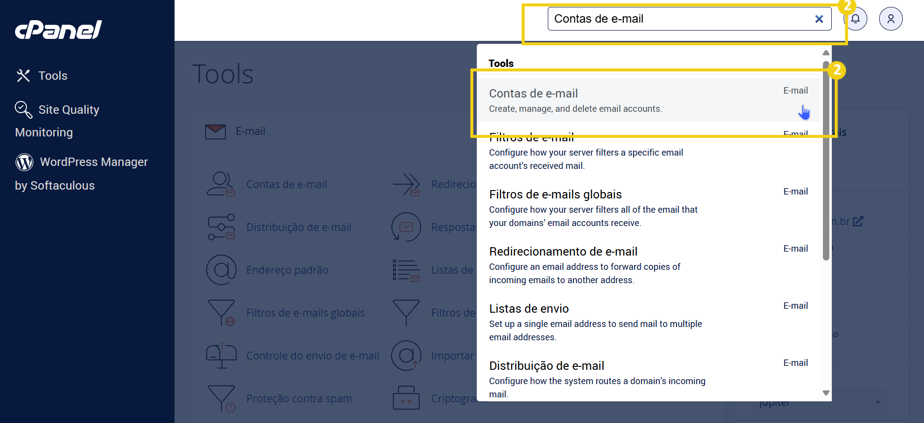Imagem mostrando o painel de controle do cPanel focado na opção de contas de e-mail, ideal para quem busca gerenciar e criar e-mails profissionais. 