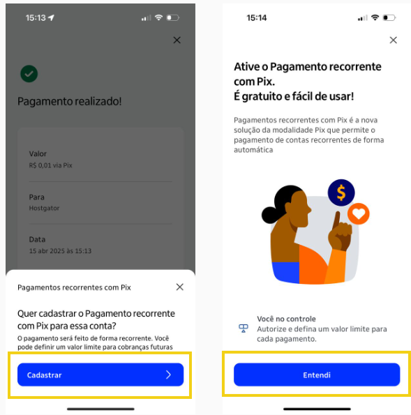 Imagem do aplicativo do banco do Itaú mostrando a etapa para cadastrar o Pix automático
