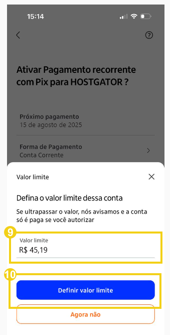 Imagem do aplicativo Itaú para definir um valor de cobrança