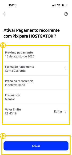 Imagem do aplicativo do Itaú para revisar as informações e ativar a recorrência