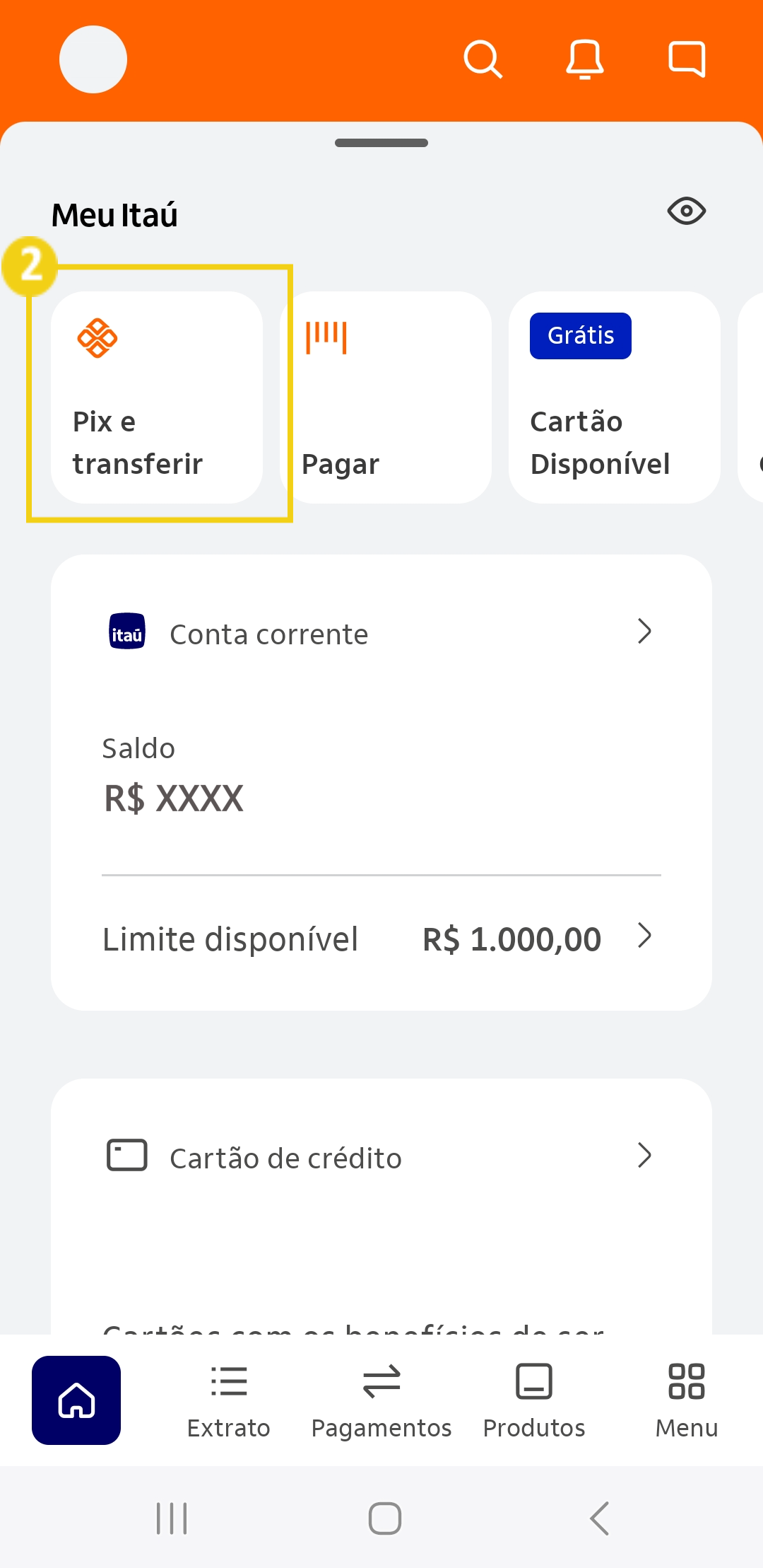Imagem do aplicativo Itaú para acessar a seção pix e transferir