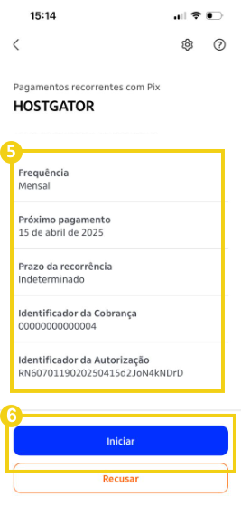 Imagem do aplicativo para preencher as informações sobre a cobrança automática