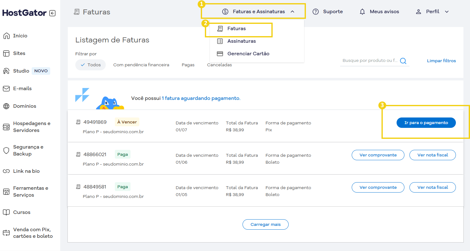Imagem mostra o Portal do Cliente, com marcação na seção "Faturas e Assinaturas", depois "Faturas" e clicar no botão "Ir para o pagamento"