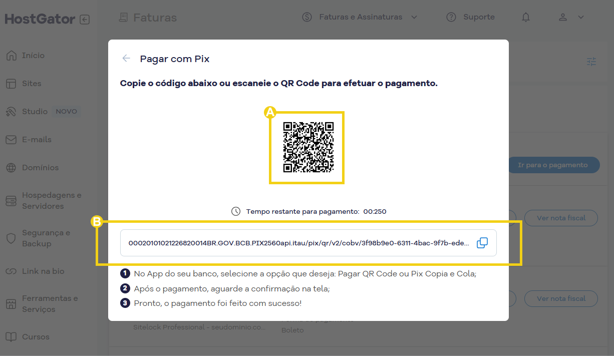 Imagem mostra o QR code disponível e também o código para pix copia e cola