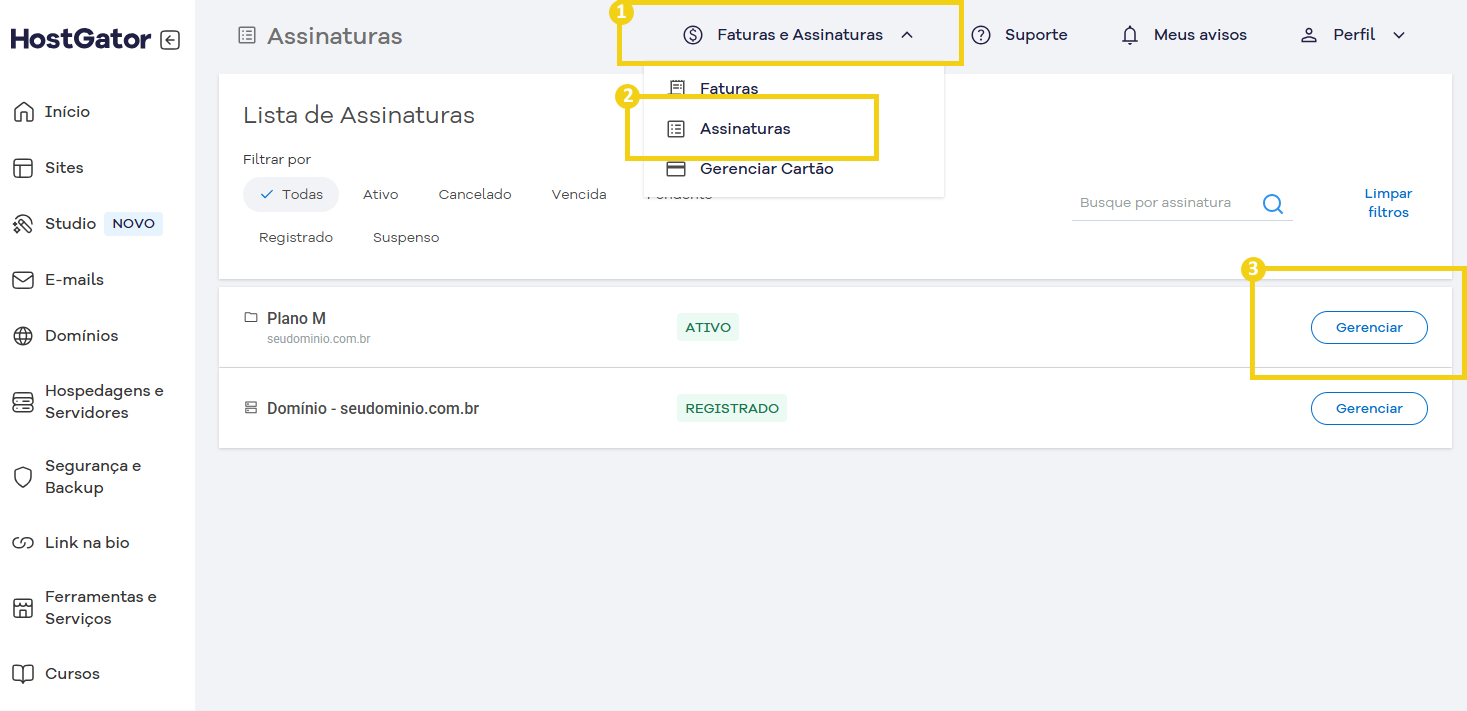 Portal do cliente indicando para clicar em 'Faturas e Assinaturas', depois "Assinaturas' e o último passo em "Gerenciar"