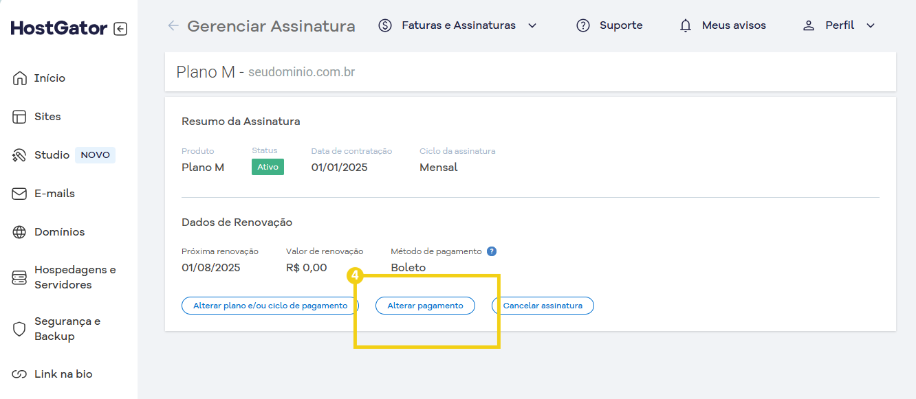 Imagem mostra a tela de gerenciamento da assinatura e a indicação para clicar no botão "Alterar pagamento"