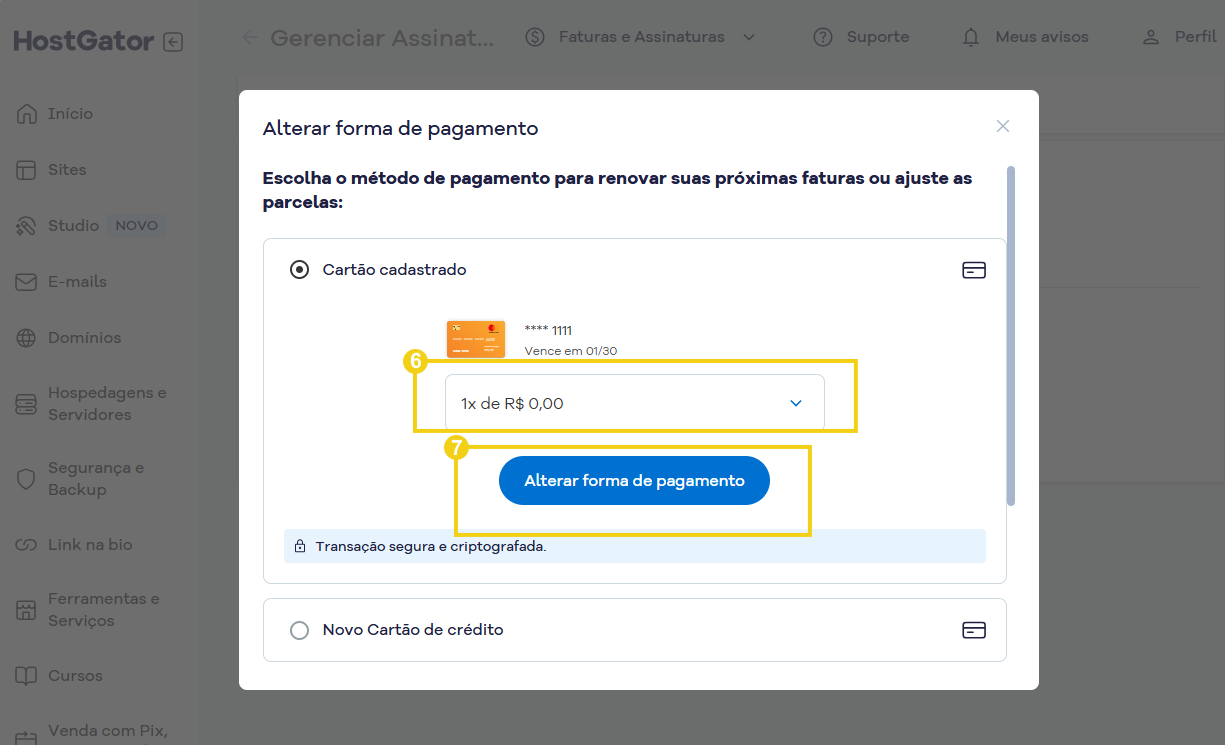 Imagem mostra a tela com um cartão de crédito já cadastrado e as marcações para escolher as parcelas e o botão para alterar a forma de pagamento