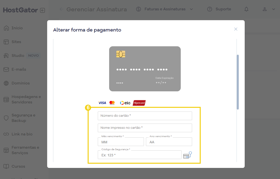 Imagem mostra a tela com os campos para cadastrar o cartão de crédito