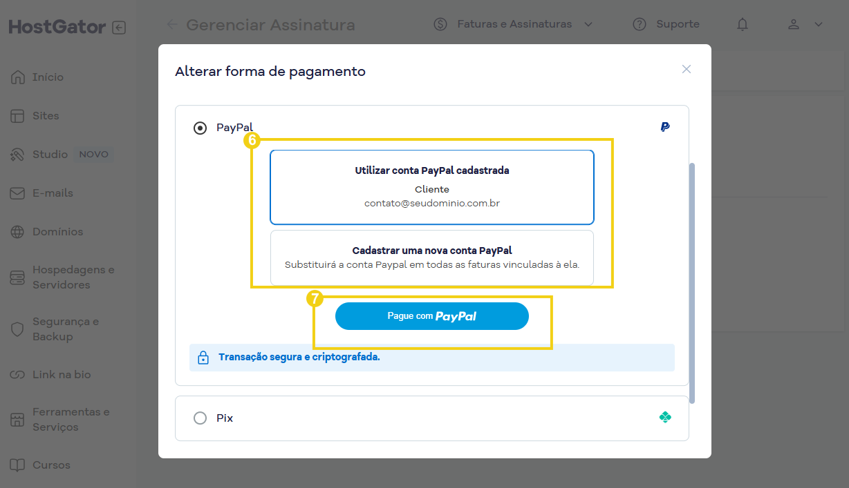 Imagem mostra a tela com a forma de pagamento Paypal