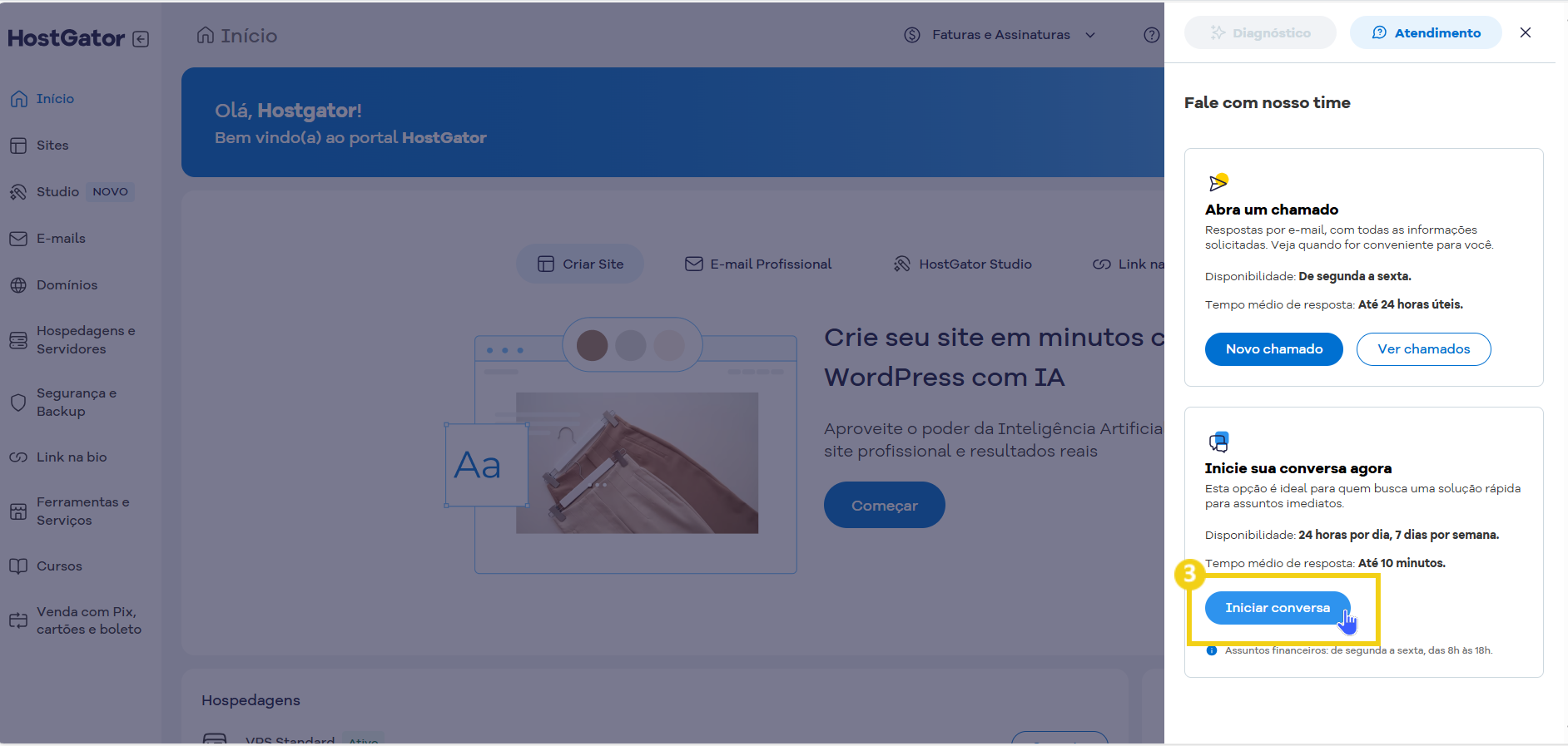 Imagem de um painel de atendimento ao cliente no site de hospedagem de sites, exibindo opções de chat ao vivo e suporte técnico.
