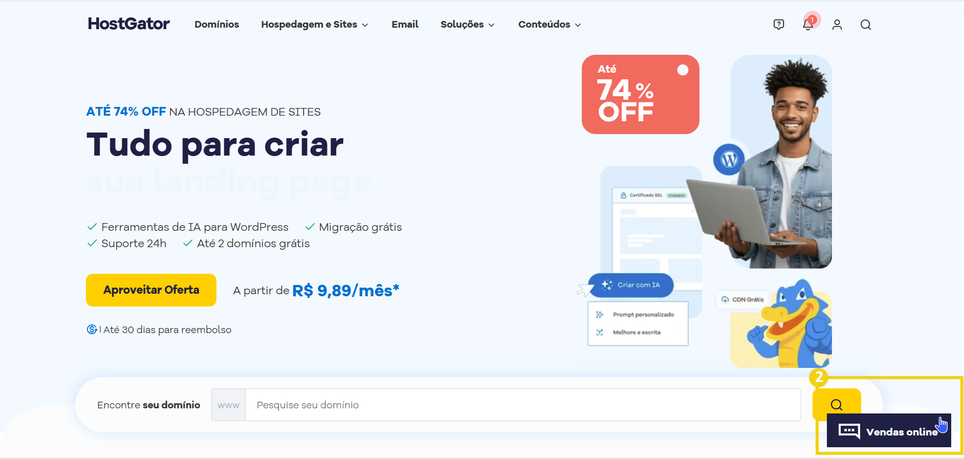 Imagem de um site de hospedagem de sites da HostGator, promovendo descontos de até 74% e ferramentas de TI para WordPress com suporte 24h