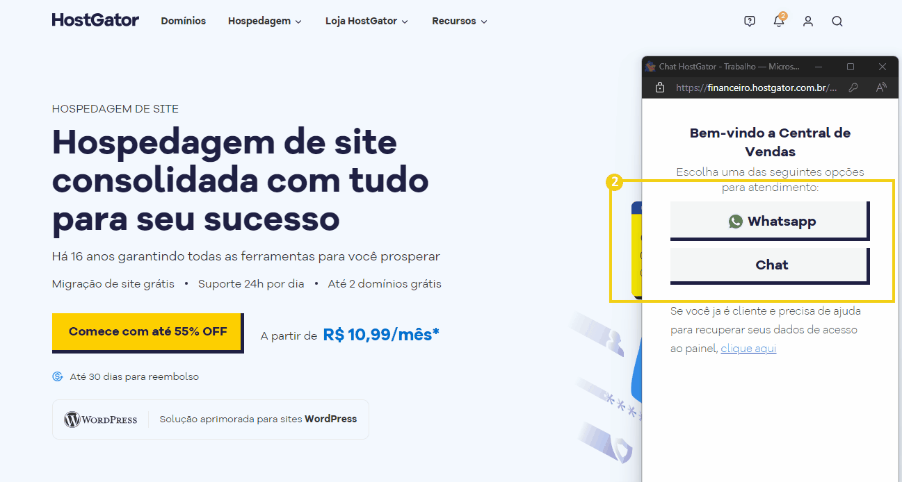 tela do chat de venda mostrando as opções para selecionar whatsapp e chat