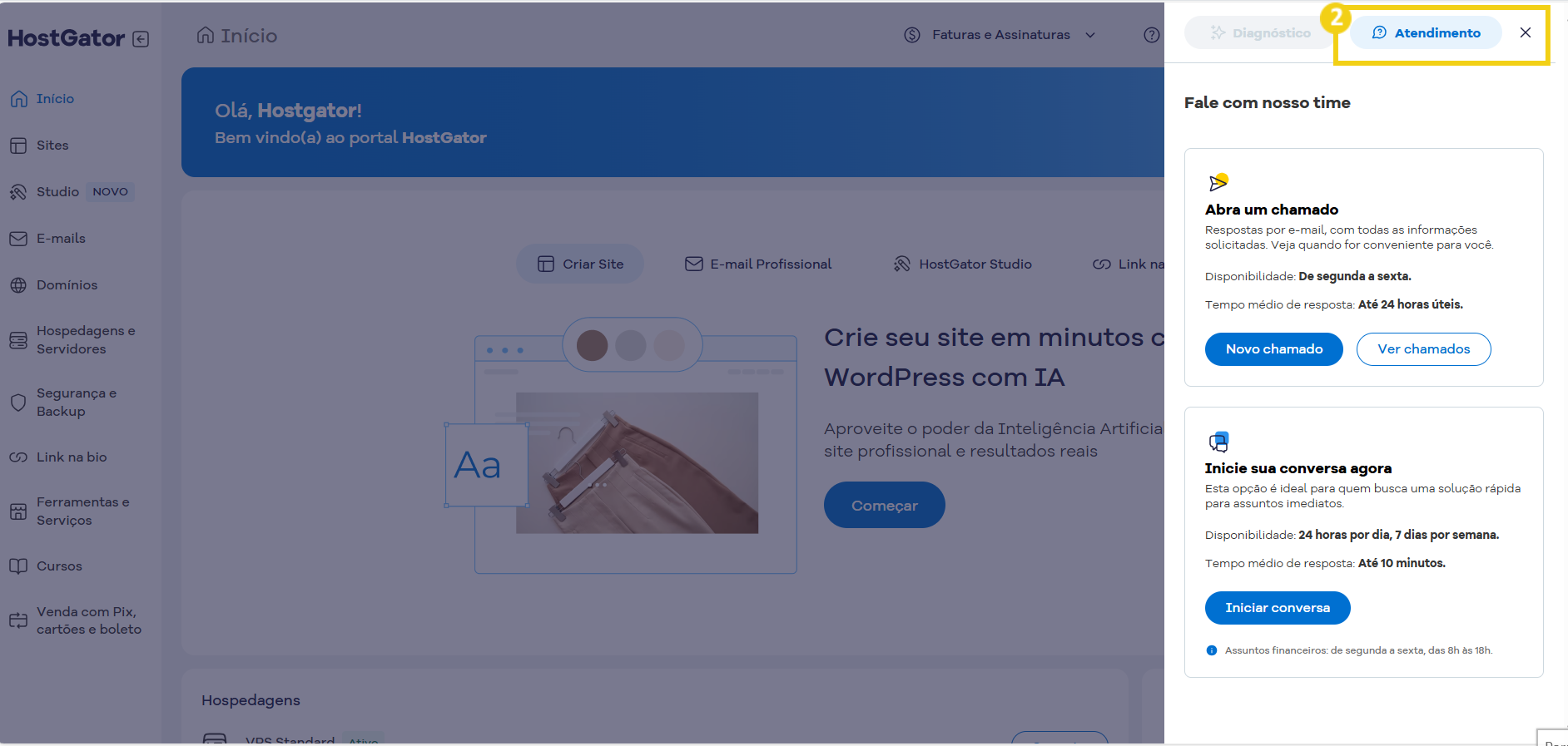 Captura de tela da interface do HostGator mostrando opções de atendimento ao cliente, incluindo chat ao vivo e chamadas para suporte técnico.