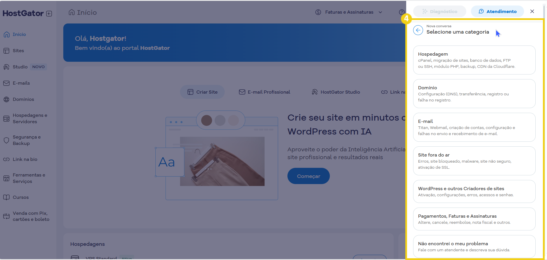 Tela de painel de controle do HostGator mostrando opções de cadastro, hospedagem, domínio e configurações de site, com destaque para o suporte ao cliente.