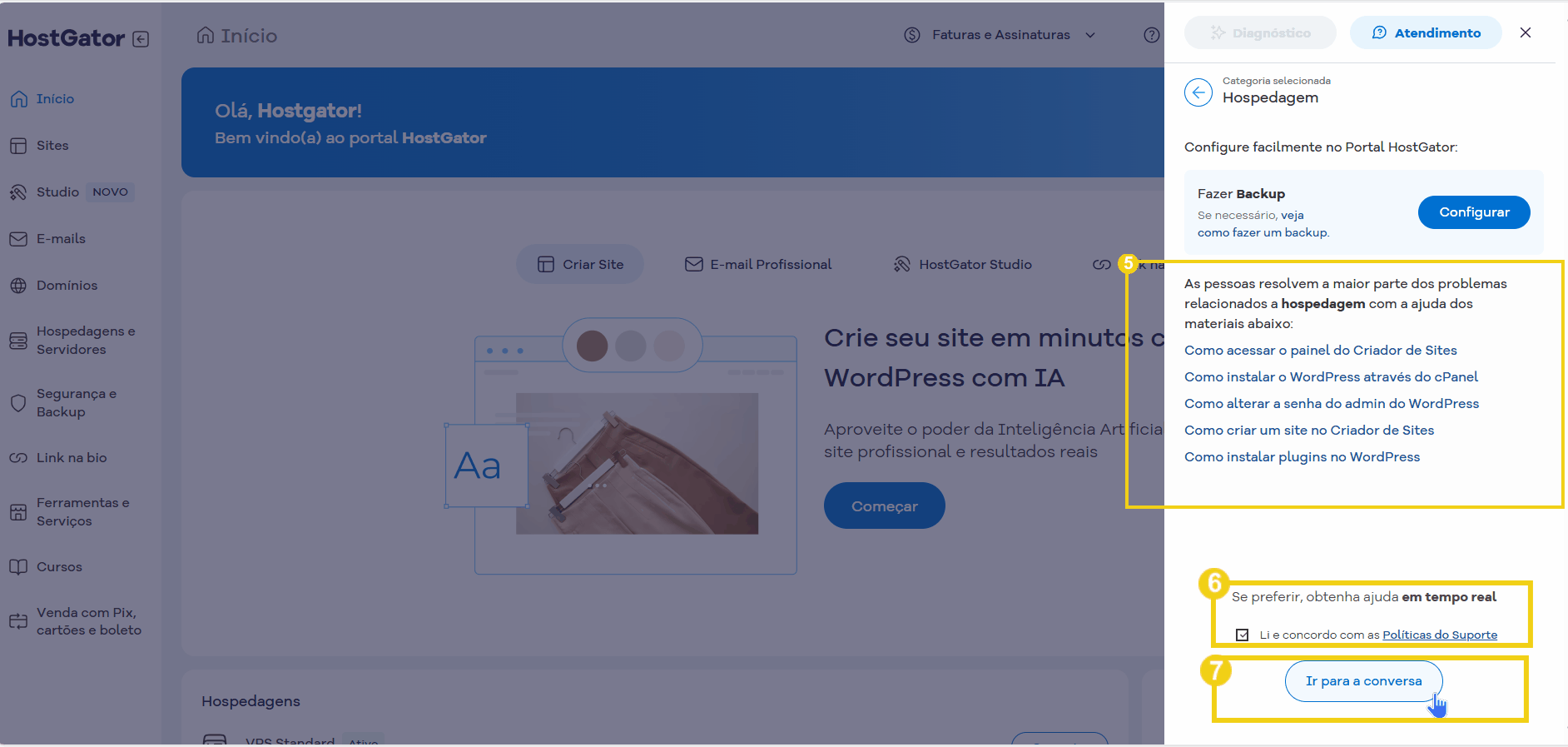 Tela do portal do cliente mostrando as opções de materiais para acessar e os botões de ir para conversar
