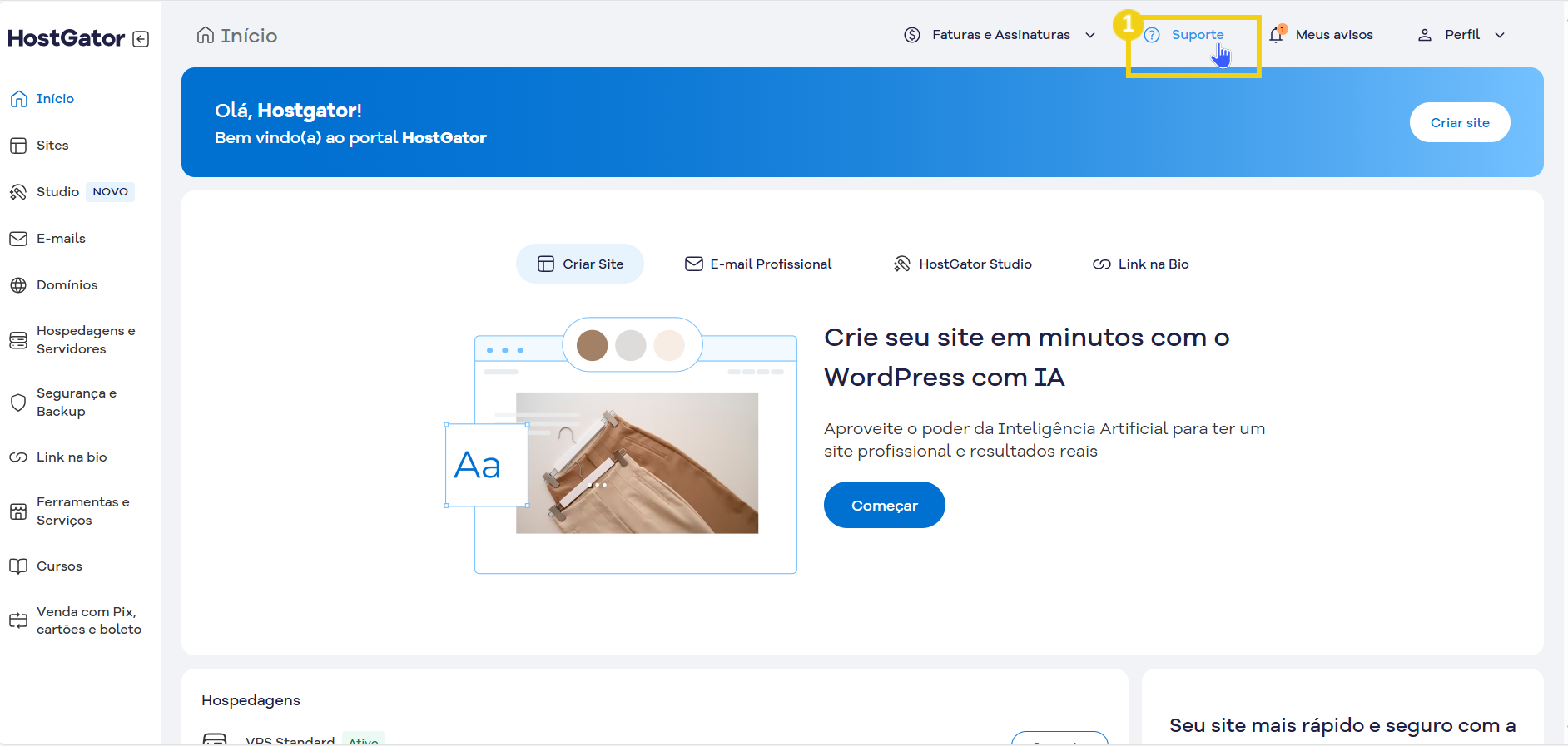 Tela do painel do HostGator mostrando opções para criar e gerenciar sites com WordPress, com foco na facilidade de uso do serviço de hospedagem.